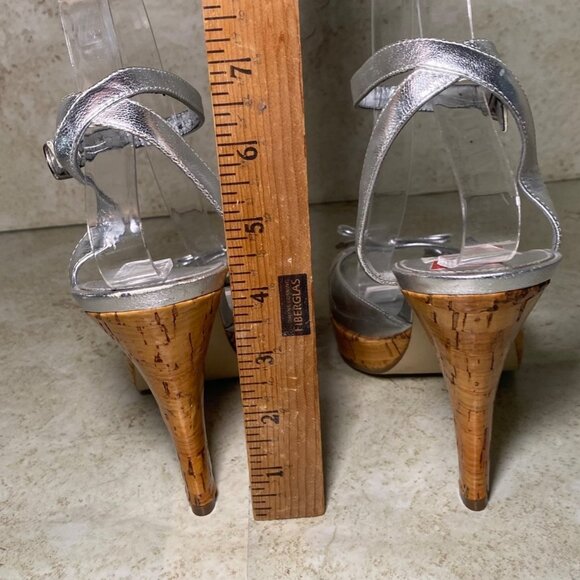 Marc Fisher Silver Metallic Strappy Heels Cork Like Heel Adjustable Glam Party - Picture 4 of 9